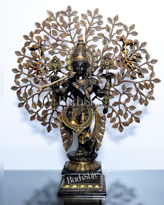Sama Homes-krishna brass idol krishna with tree superfine brass statue 24 inches
