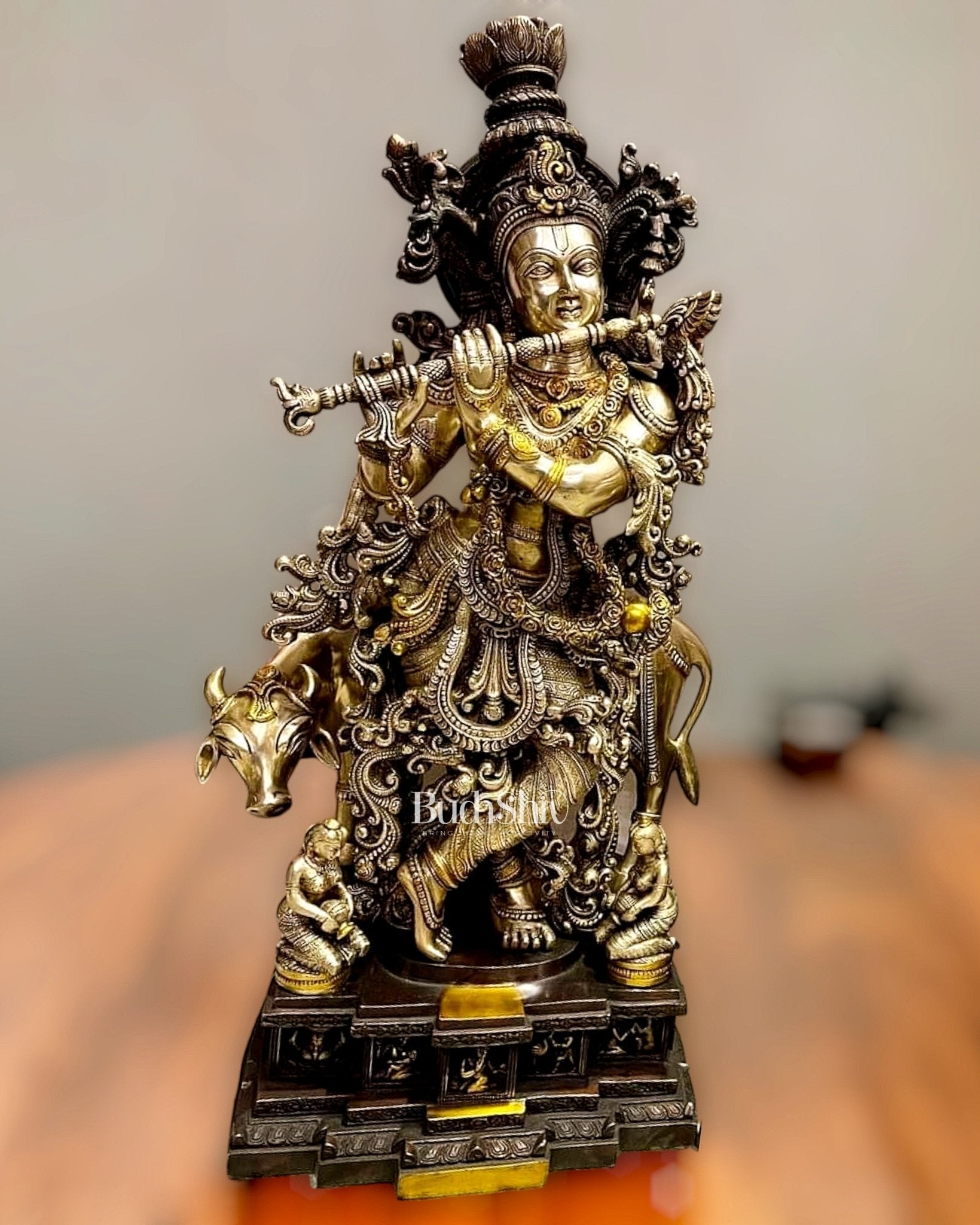 Krishna Brass Idol with Holy Cow 28 inch - Sama Homes Idol - Brass Sculpture - Eco-friendly - Sama Homes