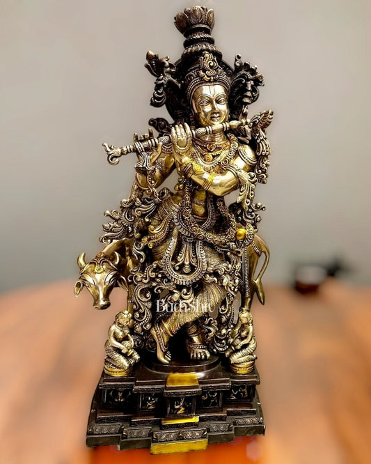 Krishna Brass Idol with Holy Cow 28 inch - Sama Homes Idol - Brass Sculpture