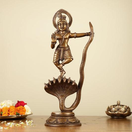 Krishna Dancing on Kaliya Naag Brass Idol 13" - Sama Homes Idol - Brass Sculpture