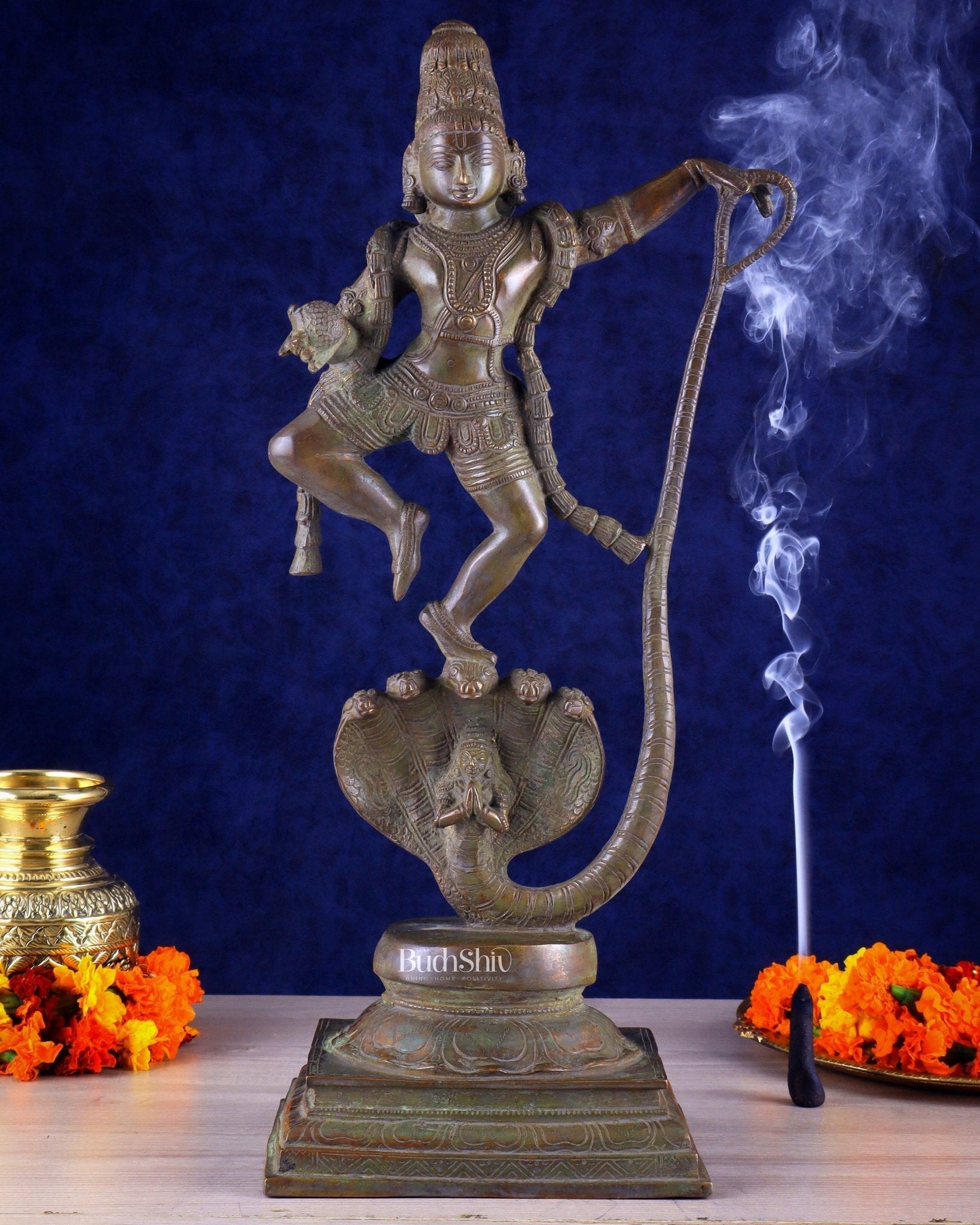 Krishna Dancing on Kaliya Naag: Brass Idol 20" kaliya daman - Sama Homes Idol - Brass Sculpture - Eco-friendly - Sama Homes