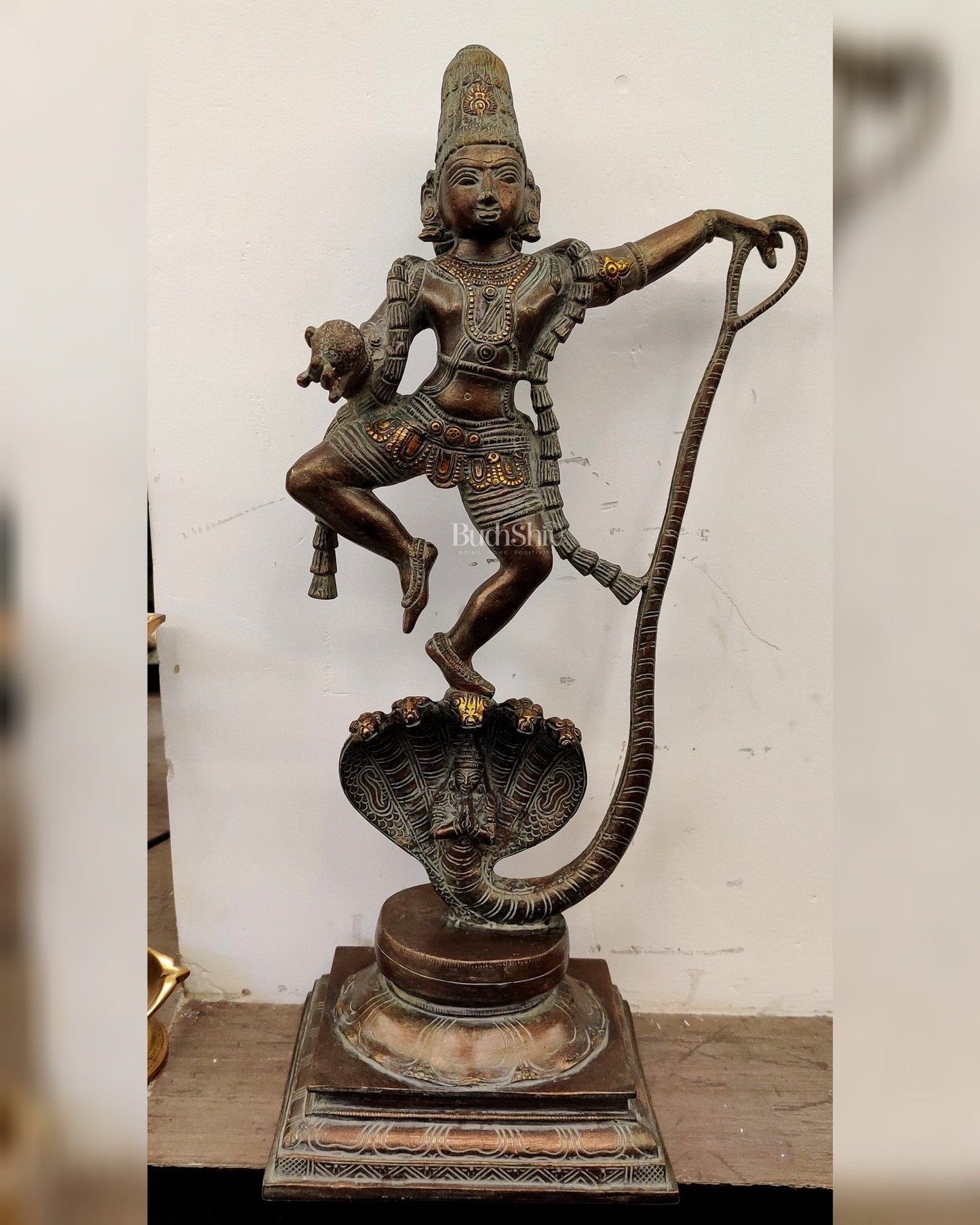 Krishna Dancing on Kaliya Naag: Brass Idol 20" - Sama Homes Idol - Brass Sculpture