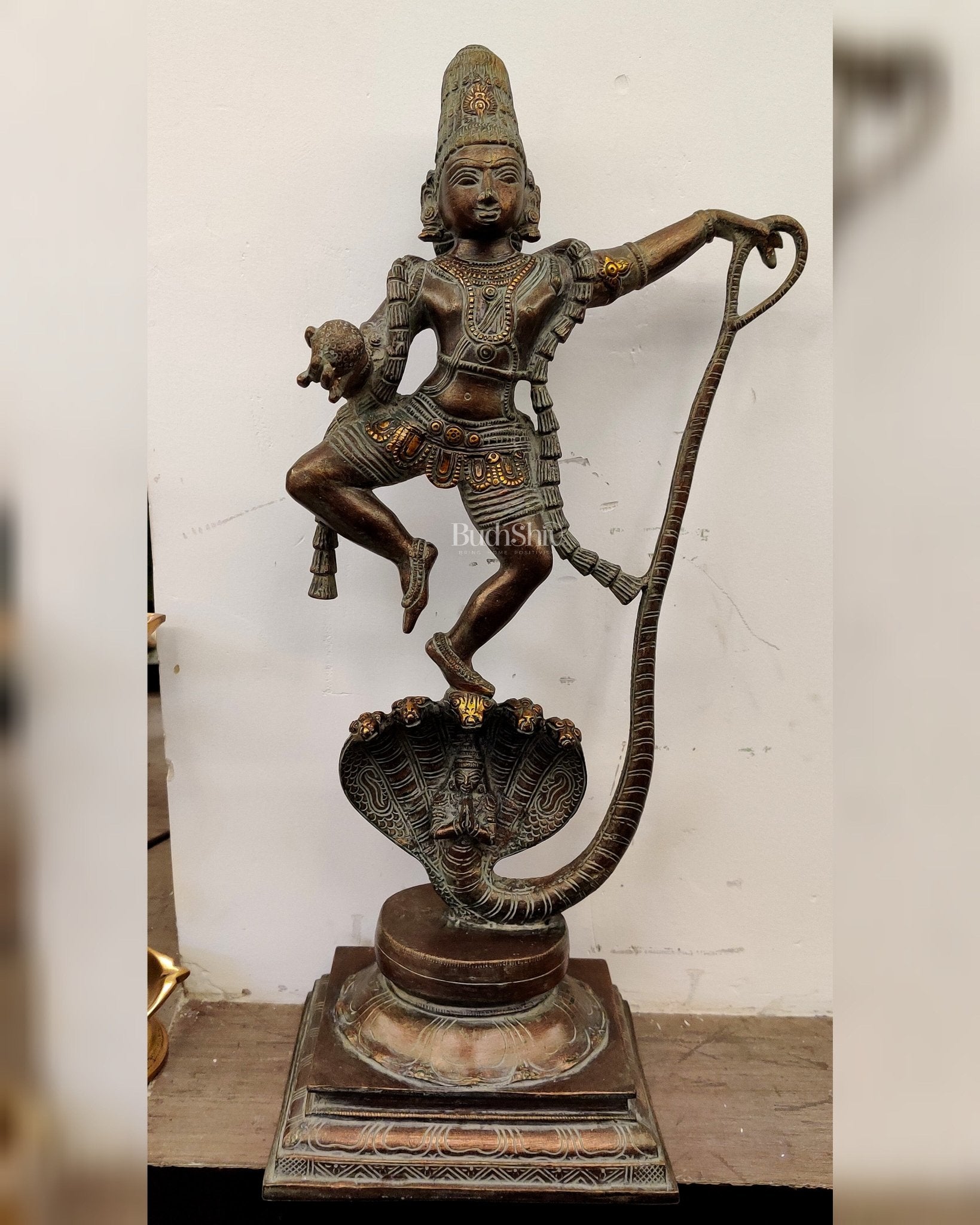 Krishna Dancing on Kaliya Naag: Brass Idol 20" - Sama Homes Idol - Brass Sculpture - Eco-friendly - Sama Homes