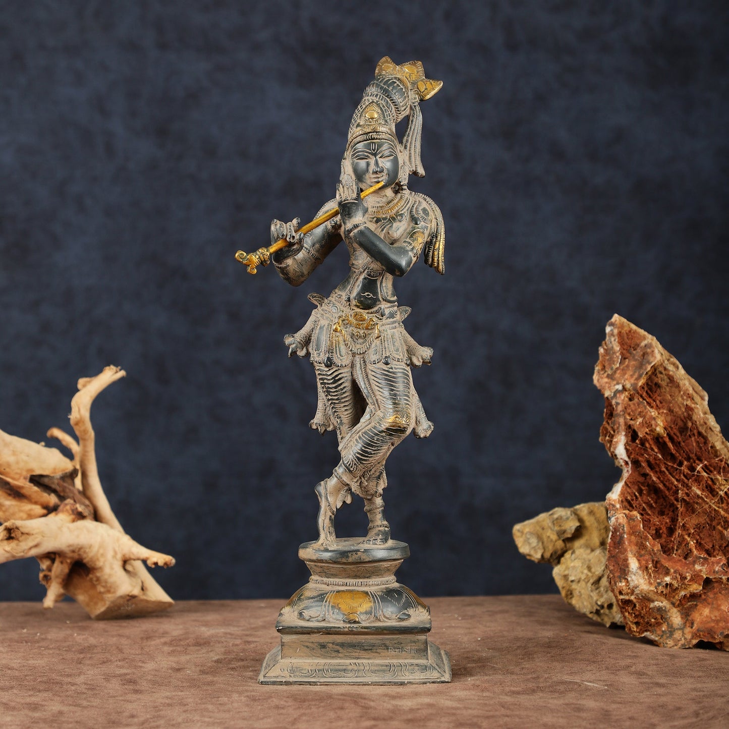 Krishna Pure Brass Statue with Sand Patina Finish – 14 Inches - Sama Homes Idol - Brass Sculpture