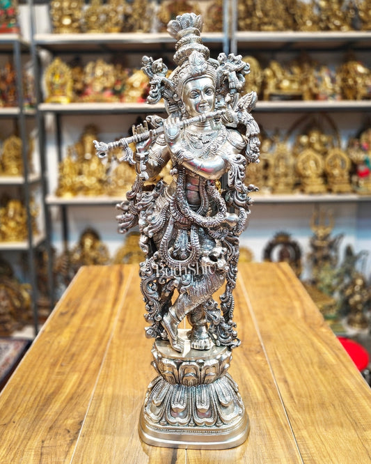 Krishna Statue - Superfine Brass - Silver plating 29 inch - Sama Homes Idol - Brass Sculpture
