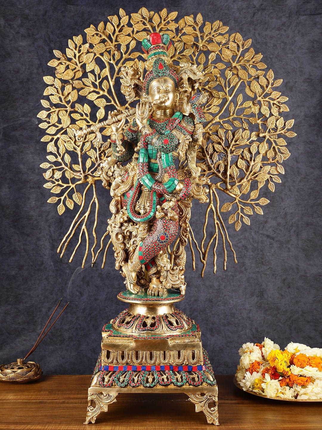 Krishna Superfine Brass Idol with Kalpavriksha Tree | Multicolour Stonework - Sama Homes Idol - Brass Sculpture