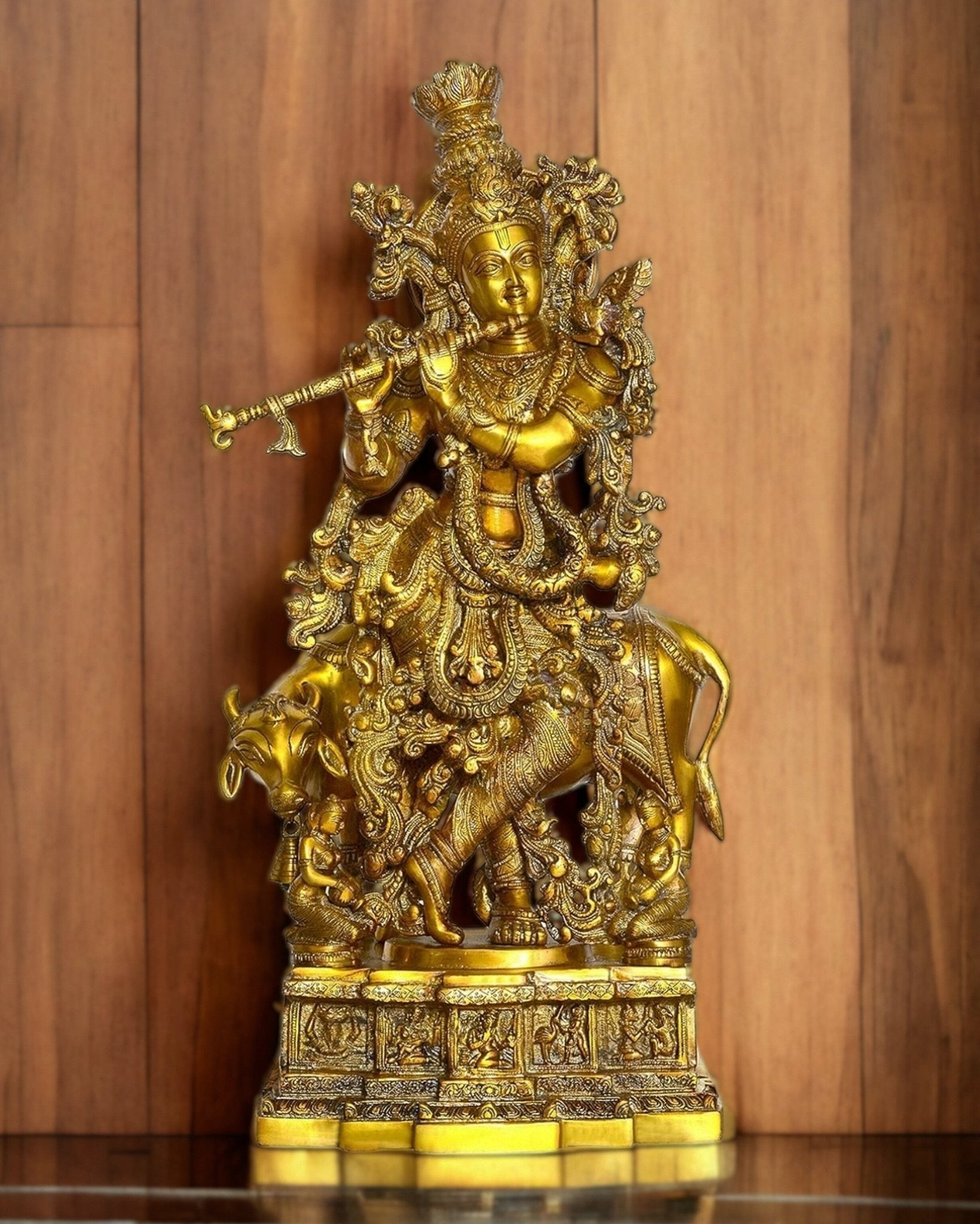 Krishna With Cow 28 inches brass idol - Sama Homes Idol - Brass Sculpture - Eco-friendly - Sama Homes