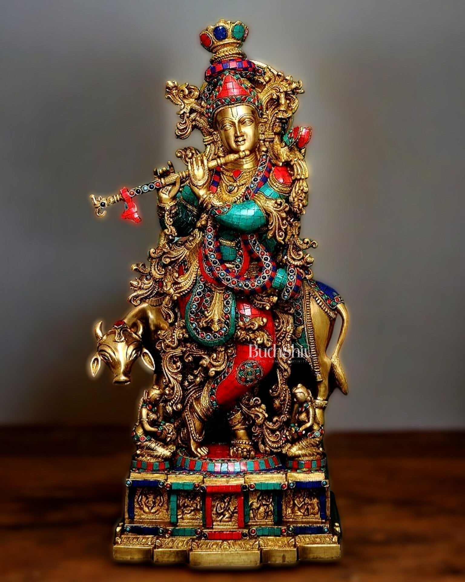 Krishna With Cow 29 inches brass idol with stonework - Sama Homes Idol - Brass Sculpture - Eco-friendly - Sama Homes