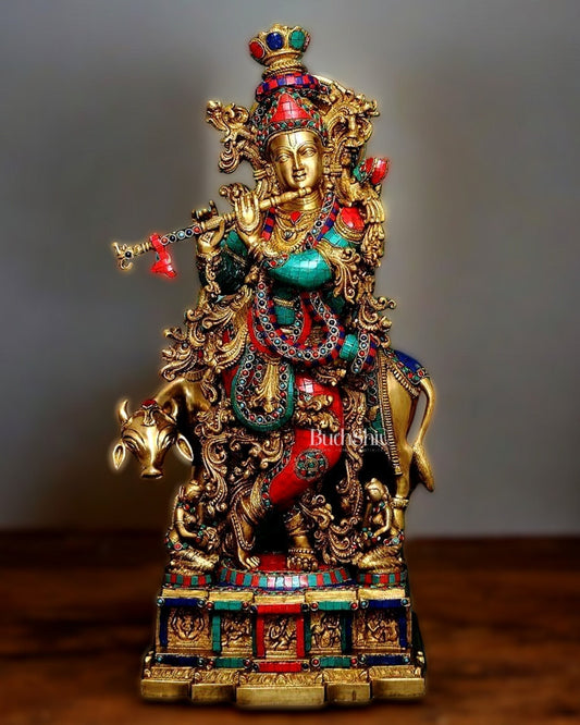 Krishna With Cow 29 inches brass idol with stonework - Sama Homes Idol - Brass Sculpture