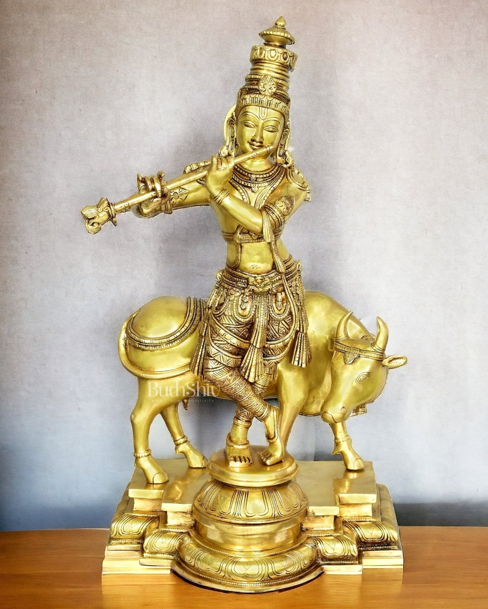 Krishna with cow Brass idol 26 inch - Sama Homes Idol - Brass Sculpture - Eco-friendly - Sama Homes