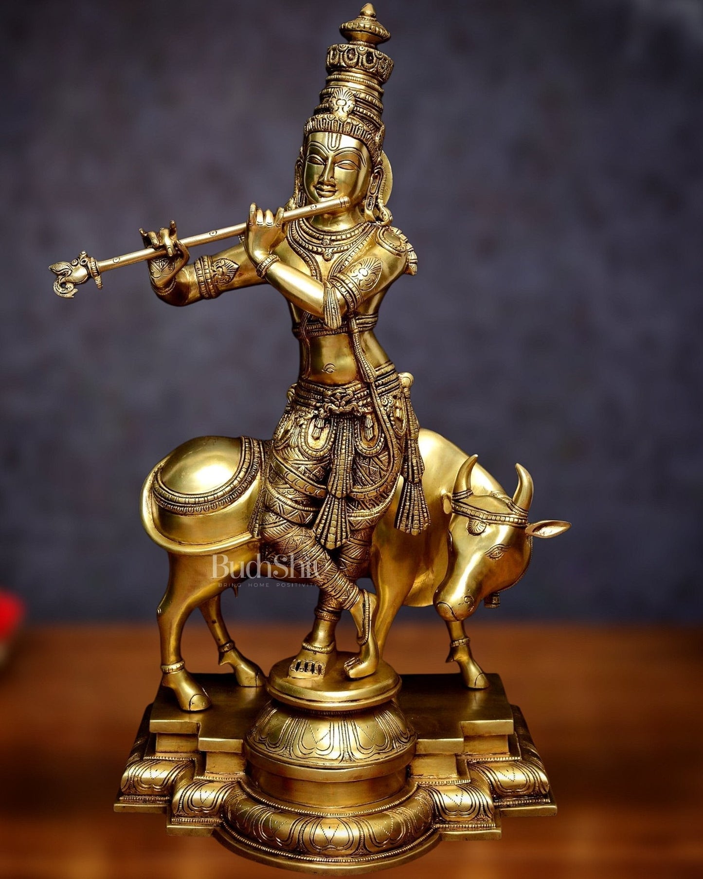 Krishna with cow Brass idol 27 inch - Sama Homes Idol - Brass Sculpture