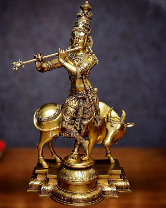 Krishna with cow Brass idol 27 inch - Sama Homes Idol - Brass Sculpture
