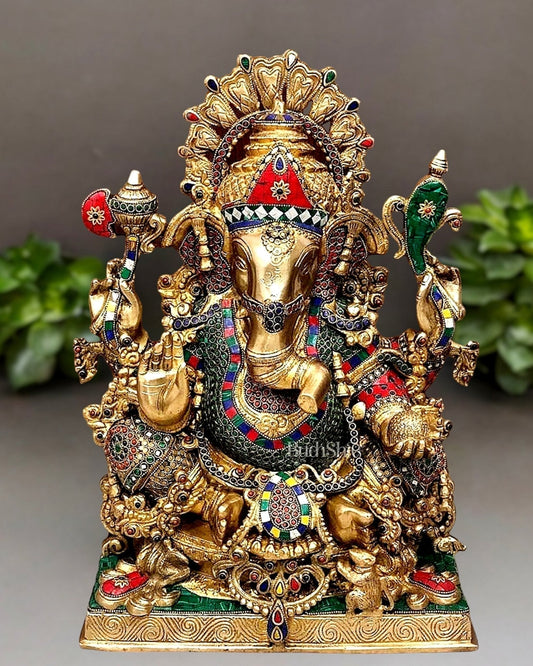 Large Brass Ganapati Statue 21": Blessing Ganesha Idol with Spectacular Stonework - Sama Homes Idol - Brass Sculpture