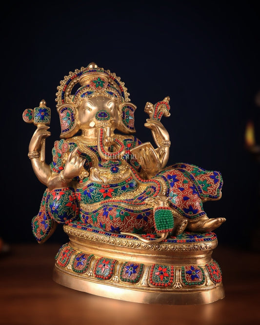 Large Brass Ganesha Resting Statue – 17" - Sama Homes Idol - Brass Sculpture
