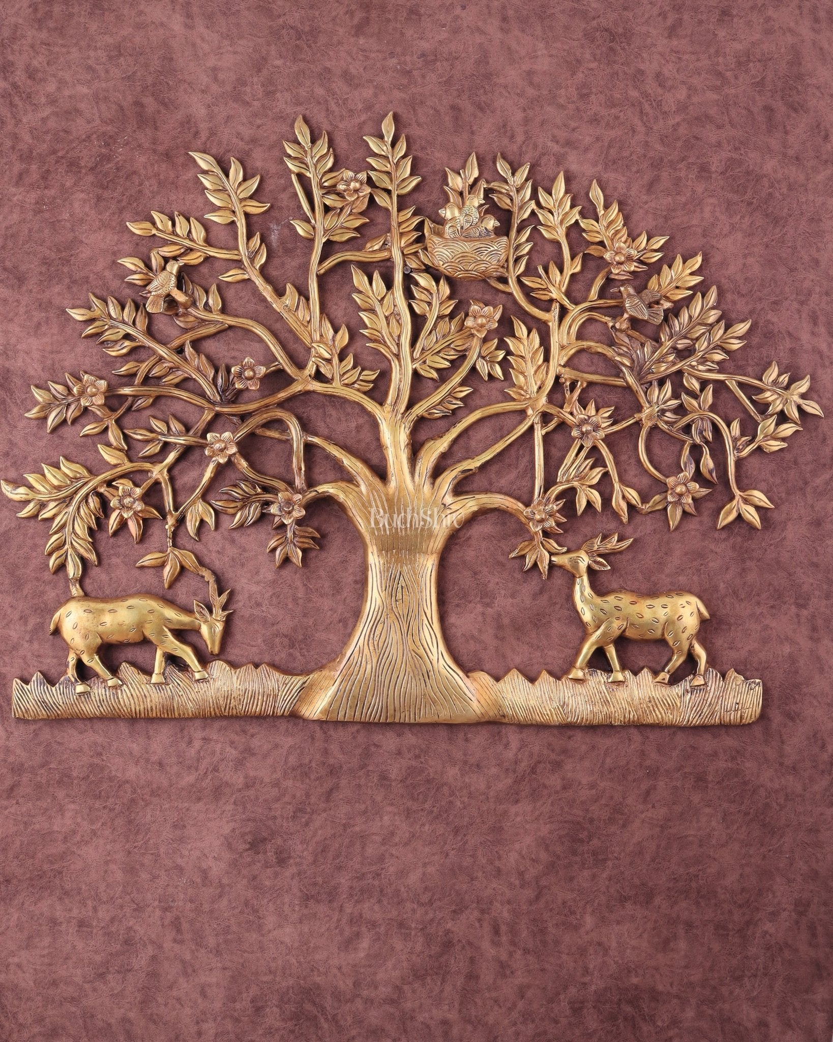 Large Brass Kalpavriksha Wall Hanging, 28" Wish-Fulfilling Tree with Deers & Birds, 12kg - Eco-friendly - Sama Homes