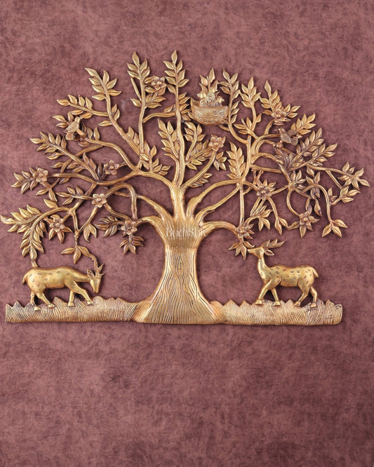 Large Brass Kalpavriksha Wall Hanging, 28" Wish-Fulfilling Tree with Deers & Birds, 12kg