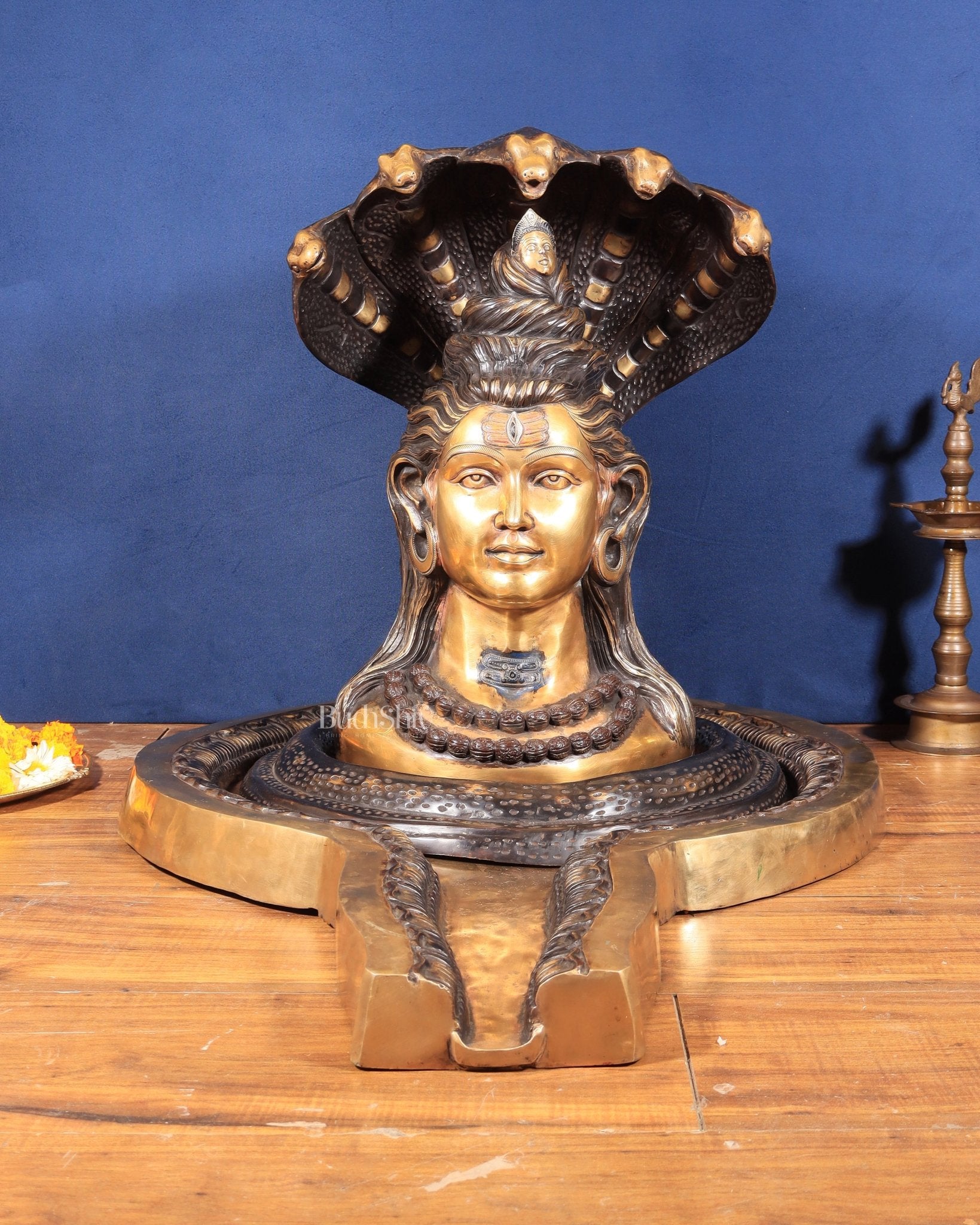 Large Brass Lord Shiva Mukhalingam Shivling – 24" x 25" x 36" | Temple-Perfect with Detachable Base & Vasuki - Sama Homes Idol - Brass Sculpture - Eco-friendly - Sama Homes