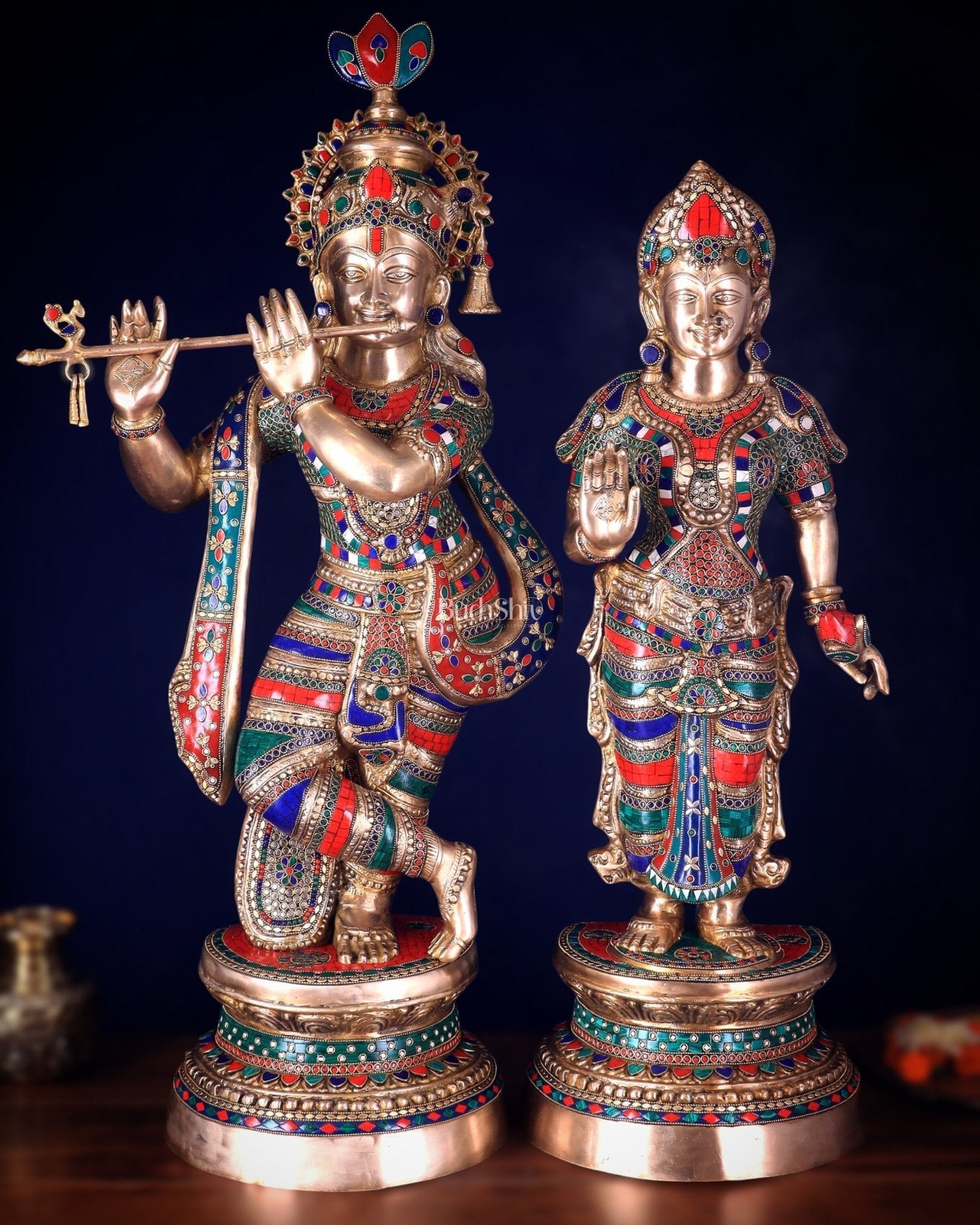 Large Brass Radha Krishna Statues - 36" Height, stonework - Sama Homes Idol - Brass Sculpture - Eco-friendly - Sama Homes