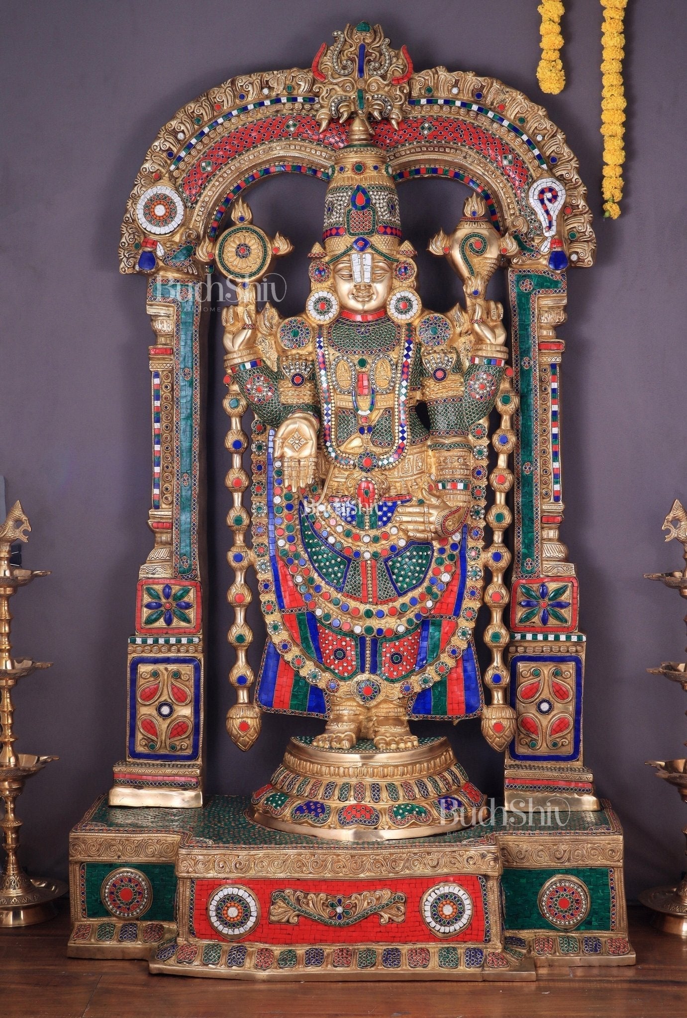 Large Brass Tirupati Balaji Sculpture with Kirtimukha Thiruvarchi Prabhavali 60" - Sama Homes Idol - Brass Sculpture - Eco-friendly - Sama Homes