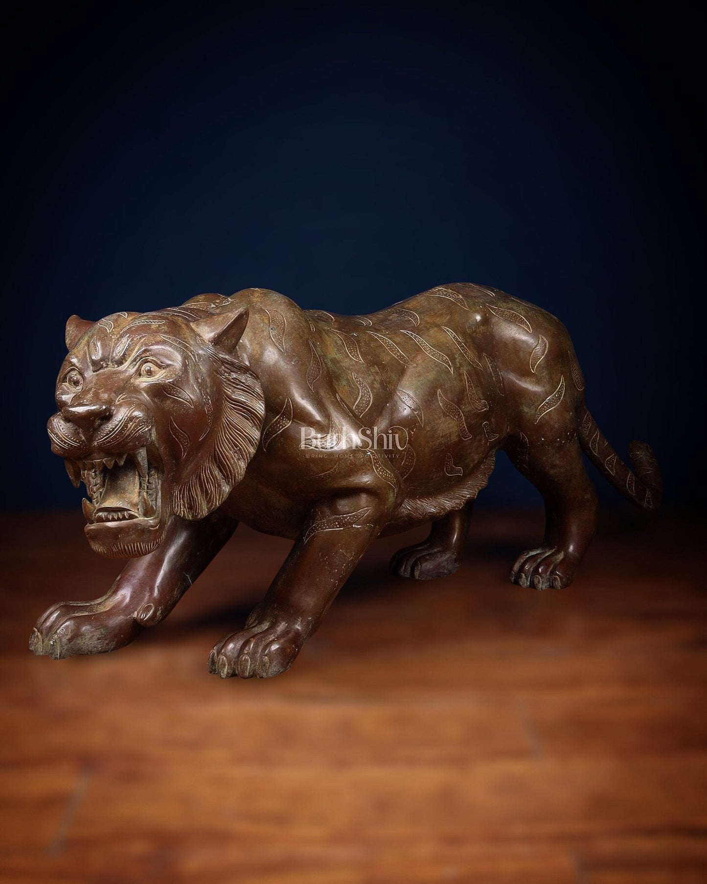 Large Bronze Tiger Sculpture – Majestic Artwork, 19"x53"x13 - Sama Homes Idol - Brass Sculpture