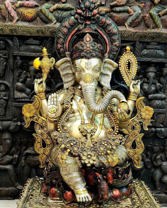 Large Handcrafted Superfine Brass Ganapati Statue - 29" - Sama Homes Idol - Brass Sculpture