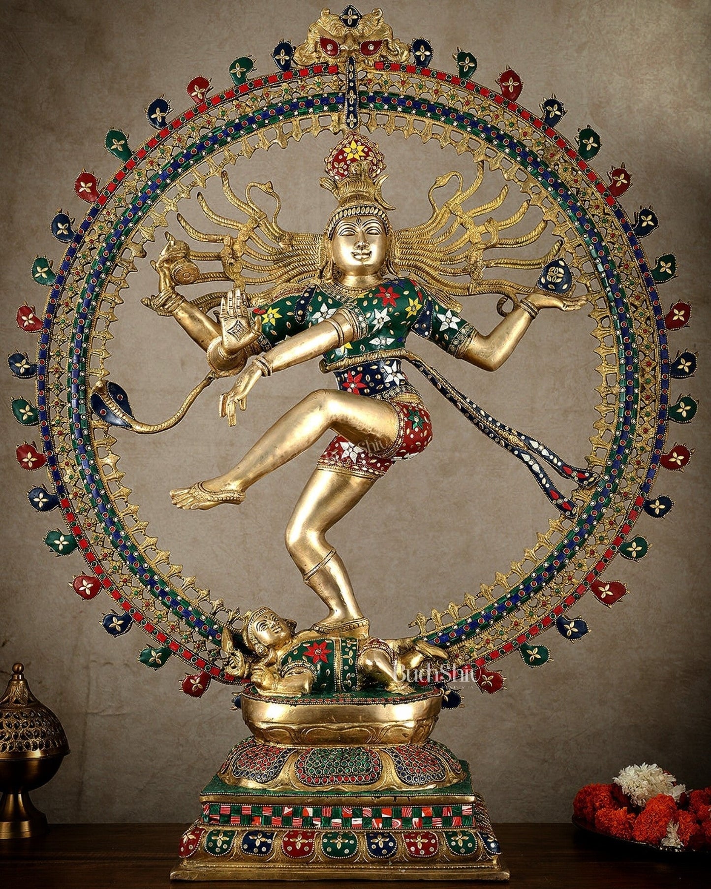 Large Handcrafted Superfine Brass Nataraja | 36" Tall | With Stonework - Sama Homes Idol - Brass Sculpture