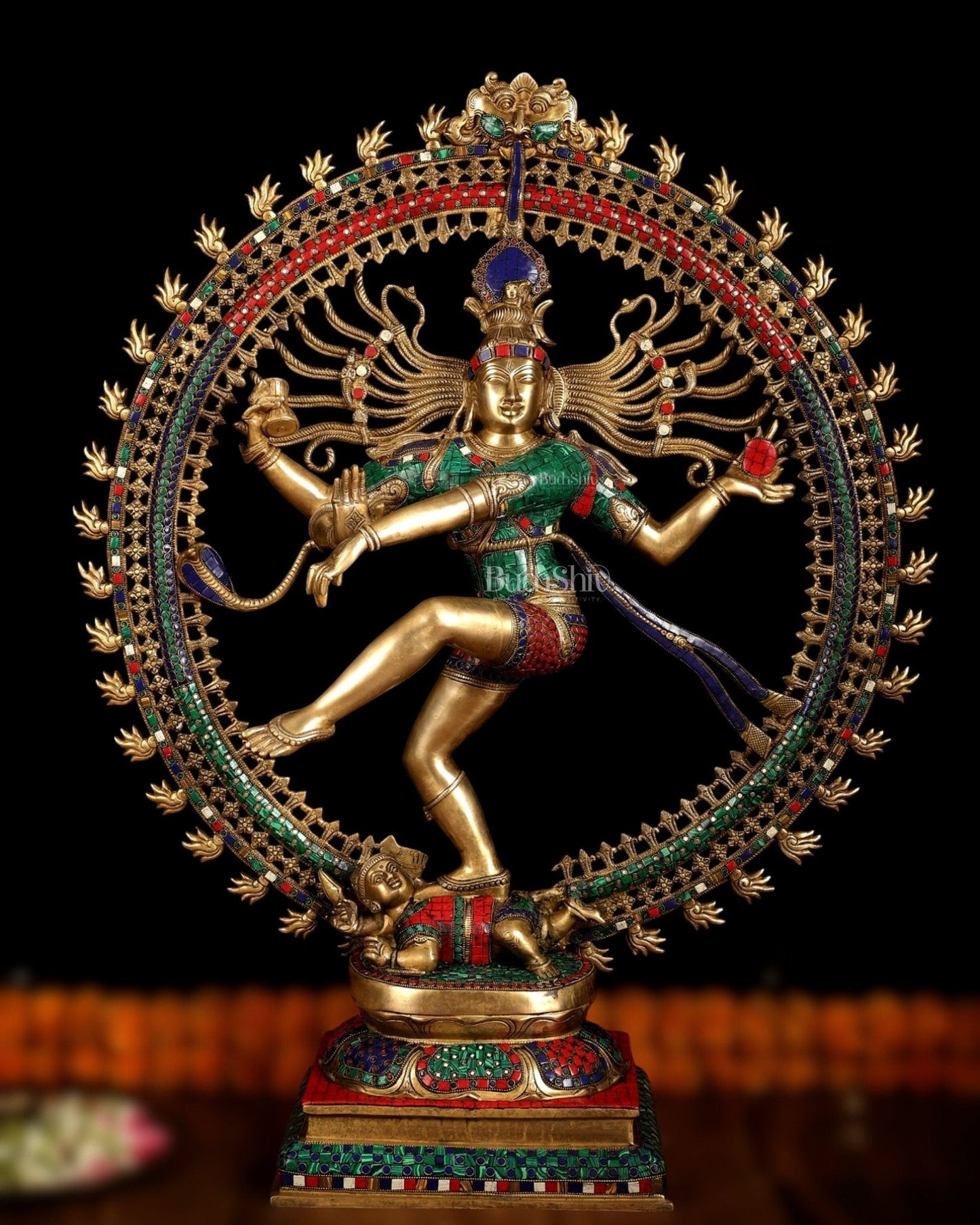 Large brass nataraja statue with colorful stonework 36 inches