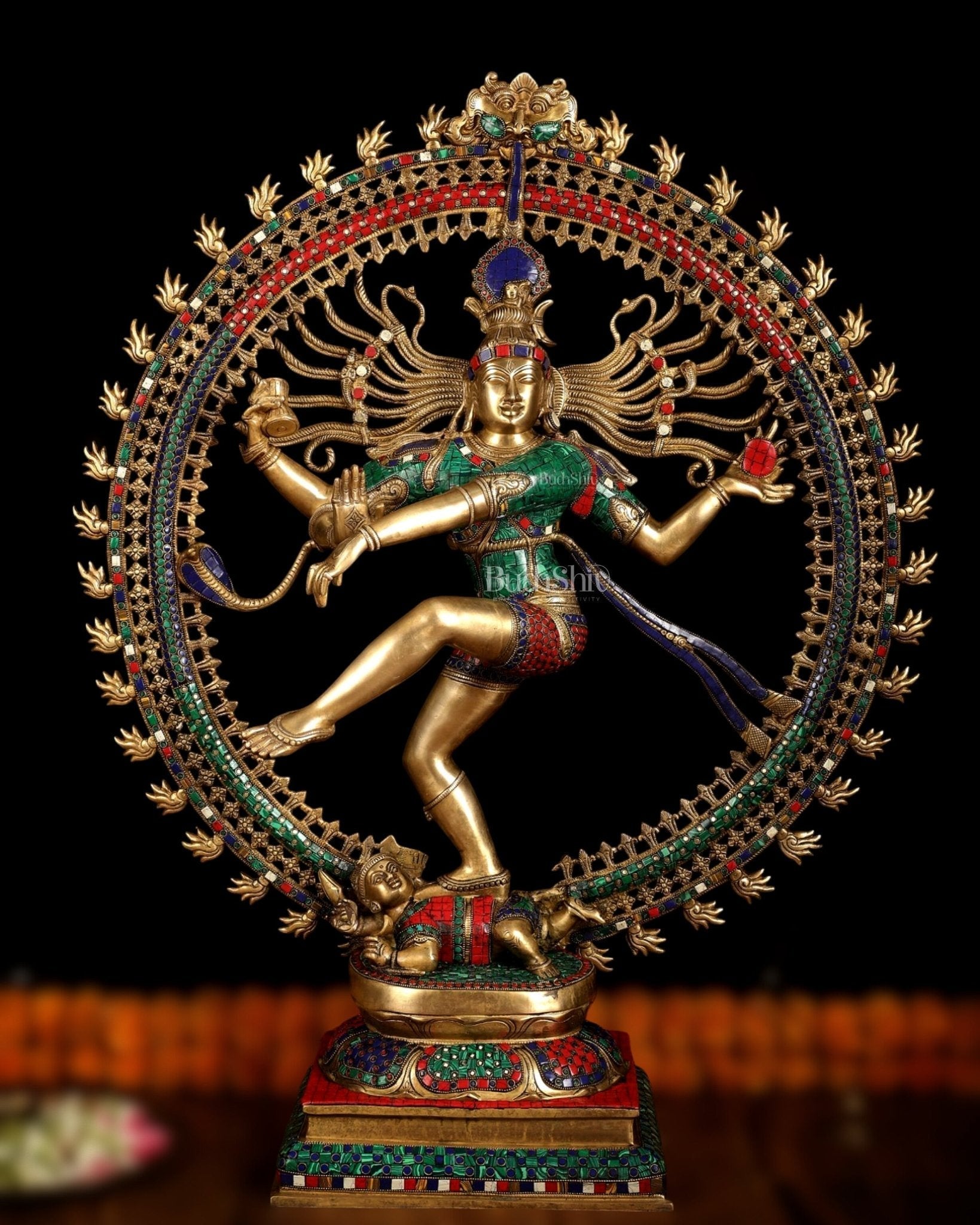 Large brass nataraja statue with colorful stonework 36 inches - Eco-friendly - Sama Homes