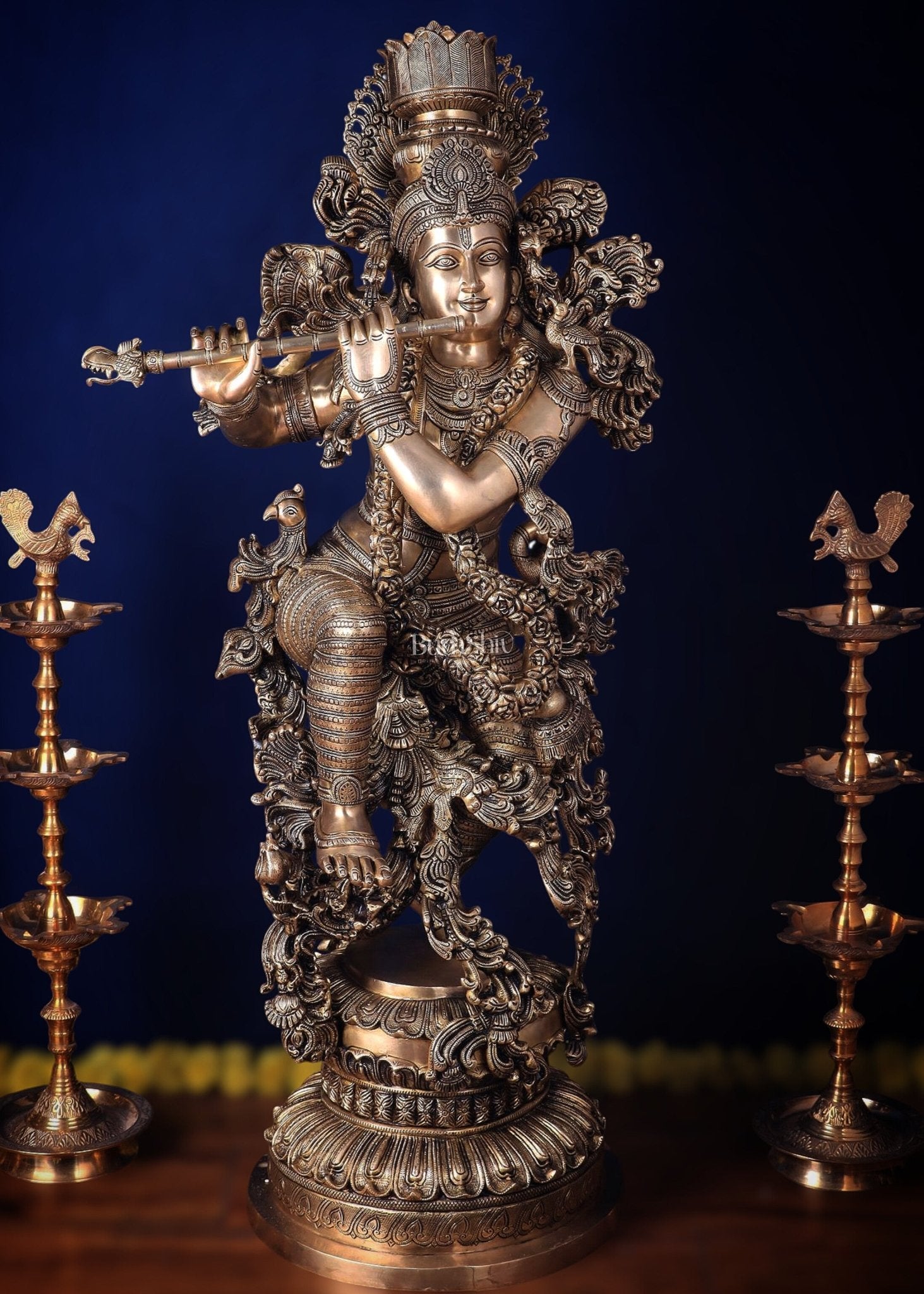 Large Lord Krishna Superfine Brass Sculpture - 48 inch, 75 kg - Sama Homes Idol - Brass Sculpture - Eco-friendly - Sama Homes