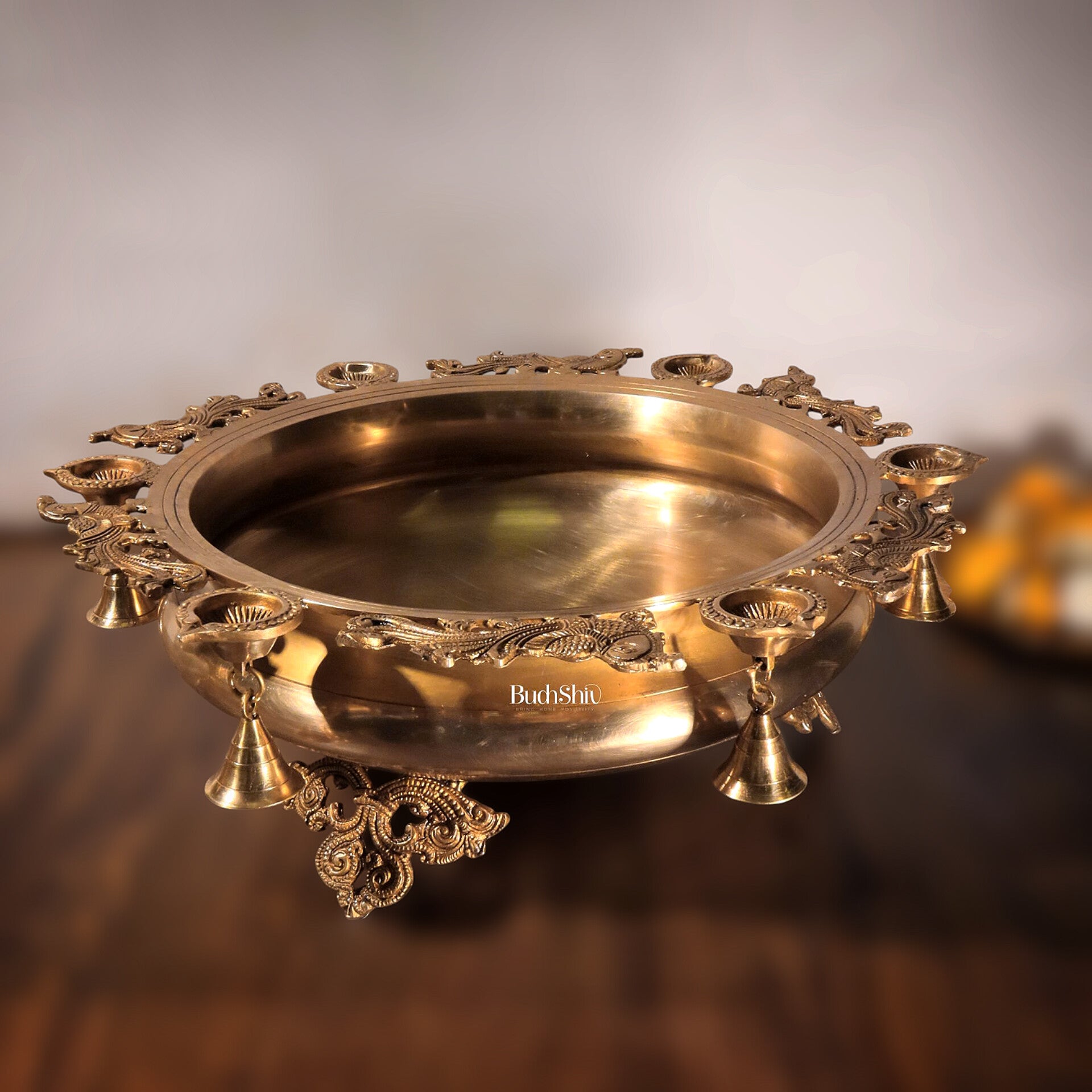 Large Peacock Urli with Diyas and Bells 21" round – Sama Homes - Eco-friendly - Sama Homes