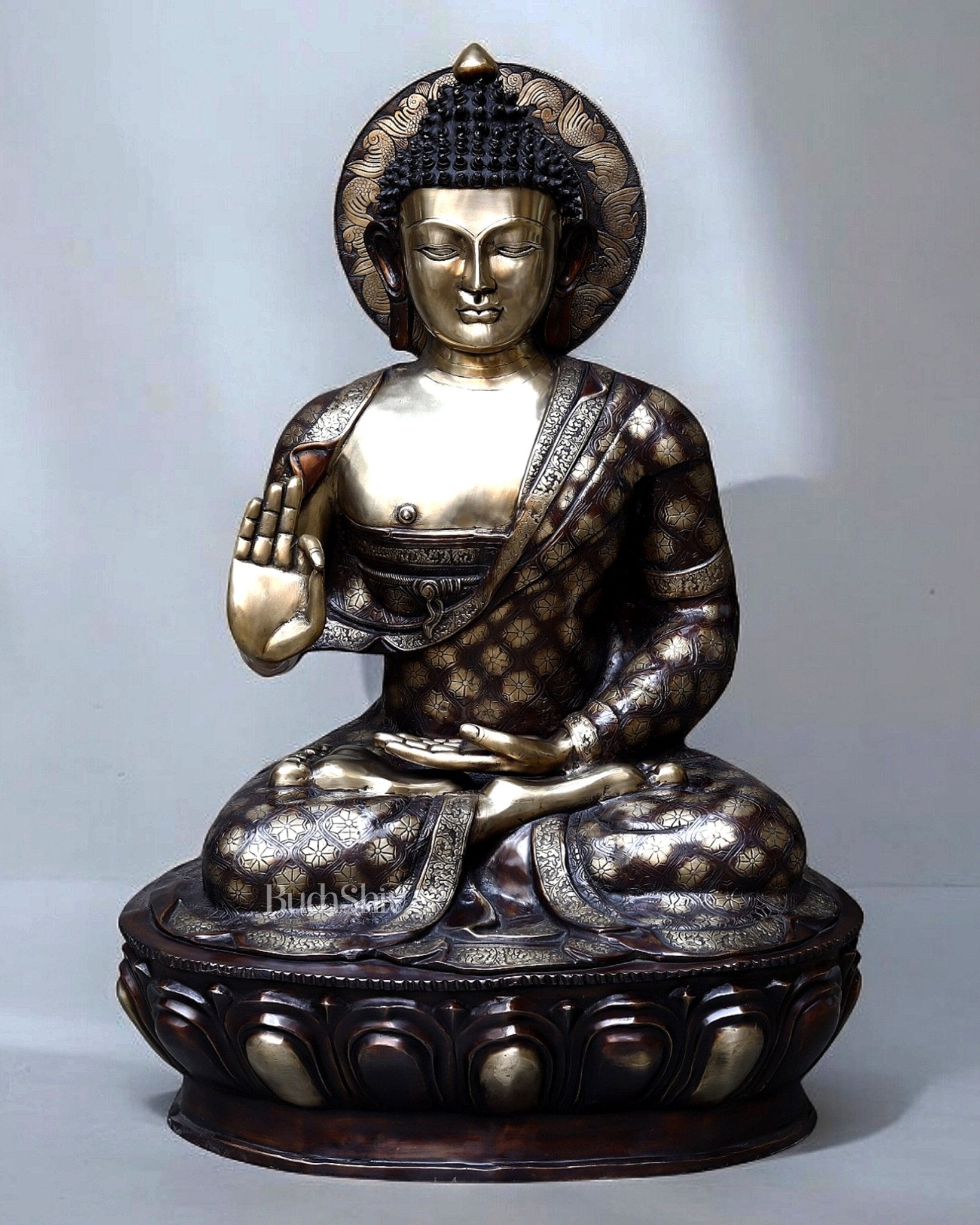 Large Pure Brass Buddha Statue in Abhaya Mudra – 46 Inches, 95 Kg Celestial Aura - Sama Homes Idol - Brass Sculpture - Eco-friendly - Sama Homes