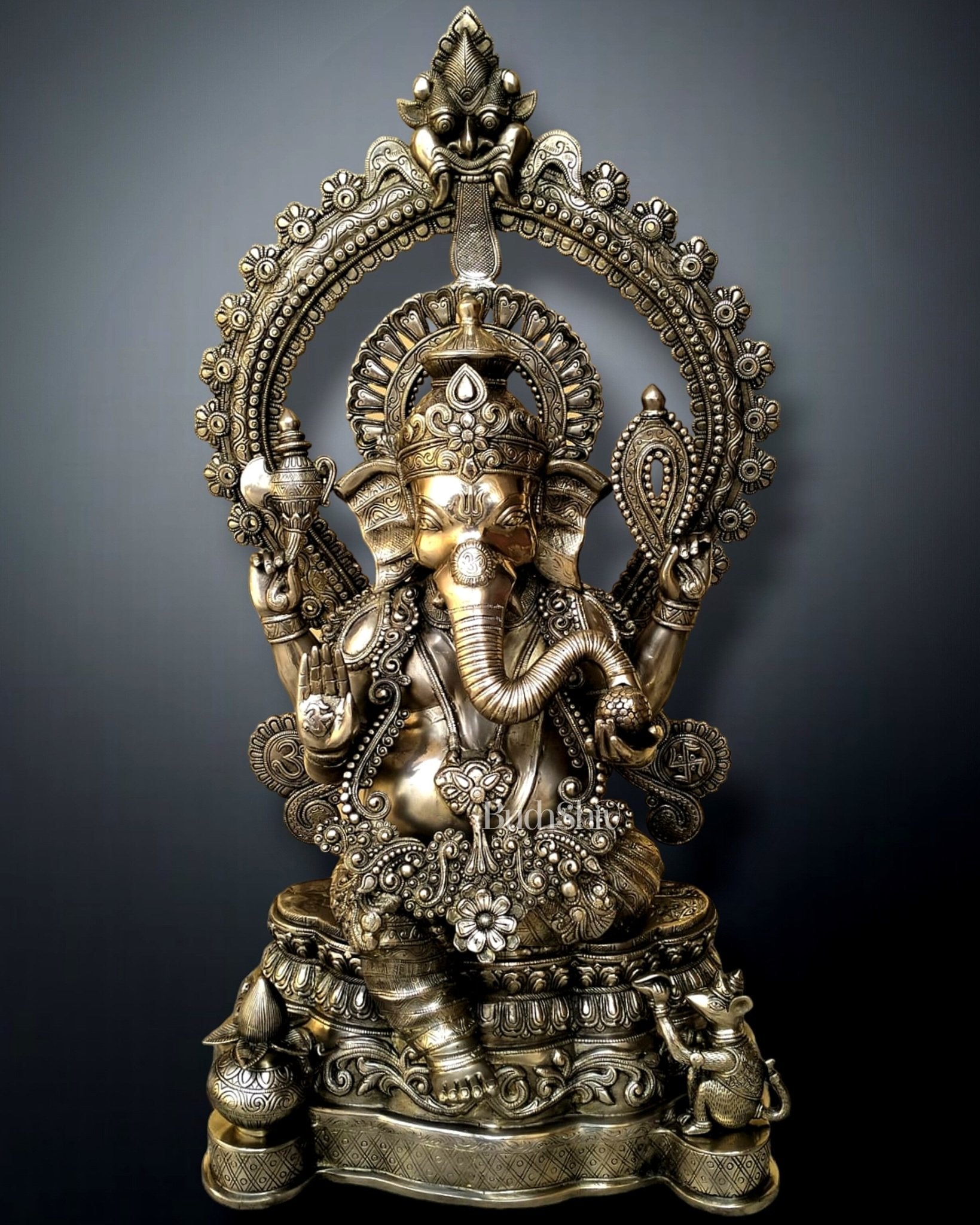 Large Pure Brass Ganapati Statue - 40" Height | Handcrafted Sculpture - Sama Homes Idol - Brass Sculpture - Eco-friendly - Sama Homes