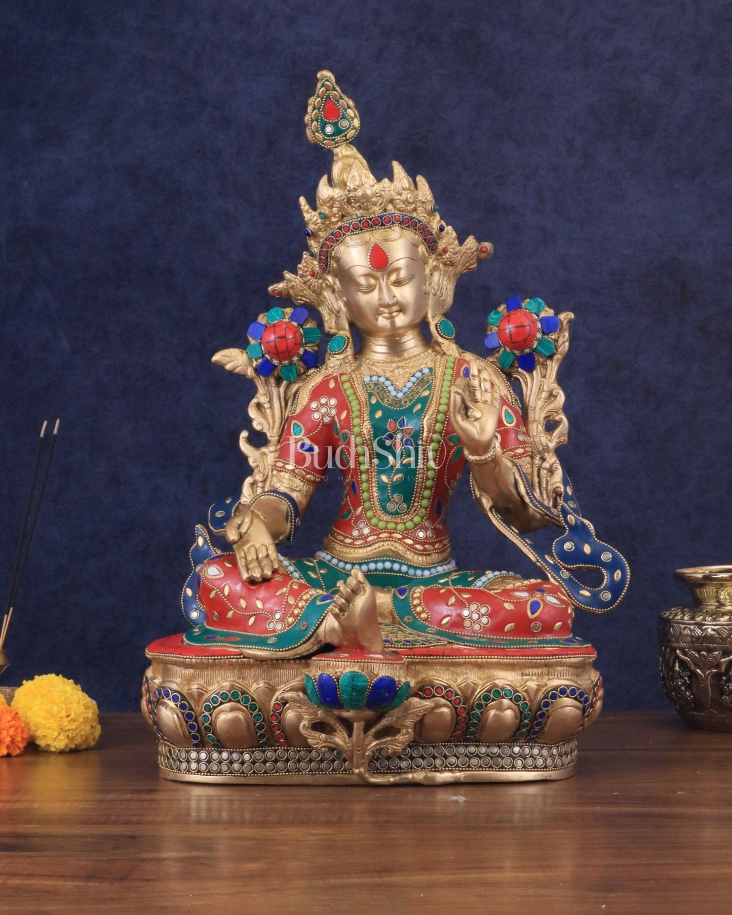 Large Pure Brass Green Tara Statue with Meenakari Stonework - 18.5" - Sama Homes Idol - Brass Sculpture