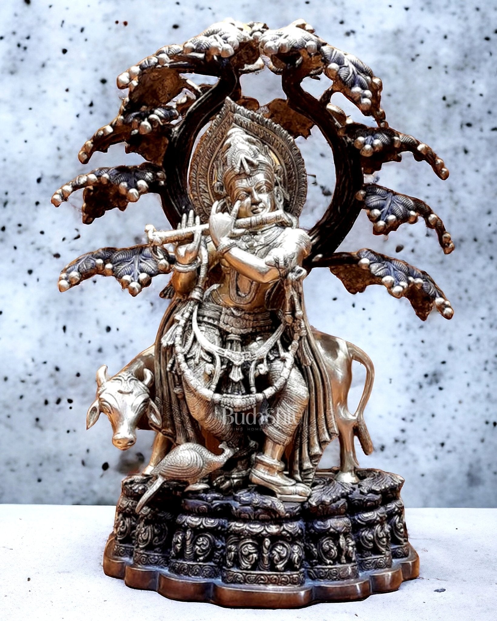 Large Pure Brass Krishna with Cow Under Tree Statue - 30 - Sama Homes Idol - Brass Sculpture - Eco-friendly - Sama Homes
