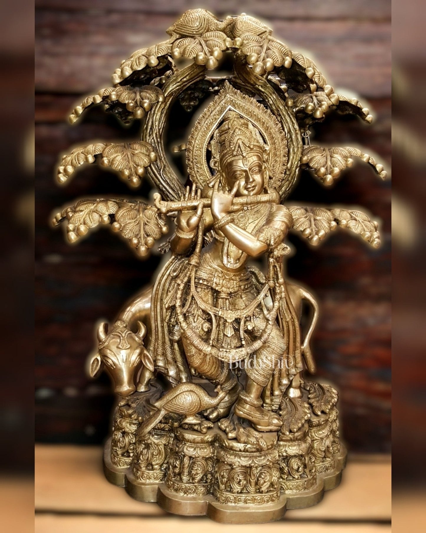 Large Pure Brass Krishna with Cow Under Tree Statue - 30 - Sama Homes Idol - Brass Sculpture