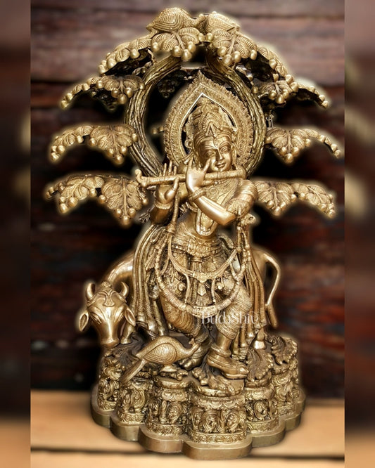 Large Pure Brass Krishna with Cow Under Tree Statue - 30 - Sama Homes Idol - Brass Sculpture