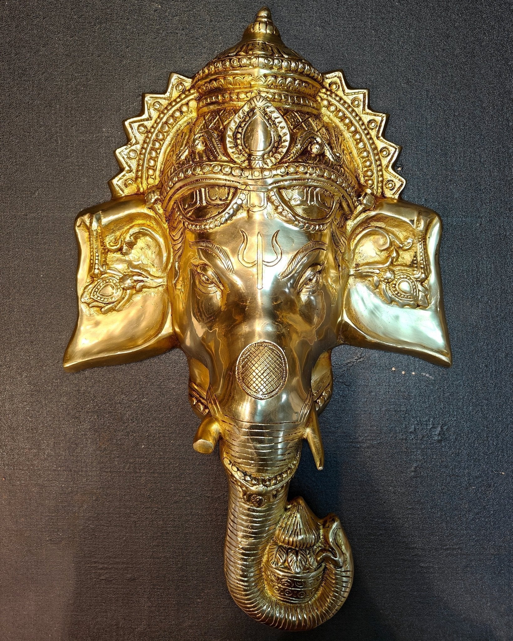 Large Pure Brass Lord Ganesha Face Wall Hanging | 25" - Sama Homes Idol - Brass Sculpture - Eco-friendly - Sama Homes