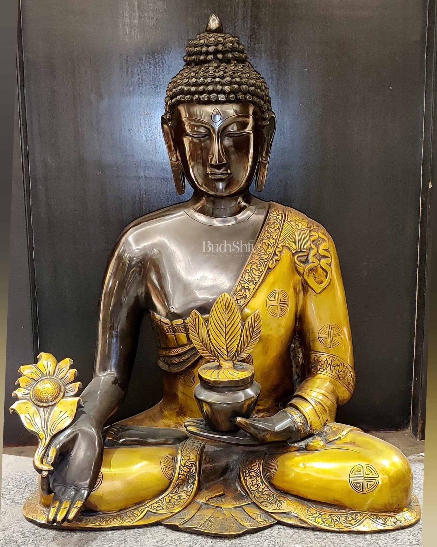 Large Pure Brass Medicine Healing Buddha Statue - 23 inch - Sama Homes Idol - Brass Sculpture