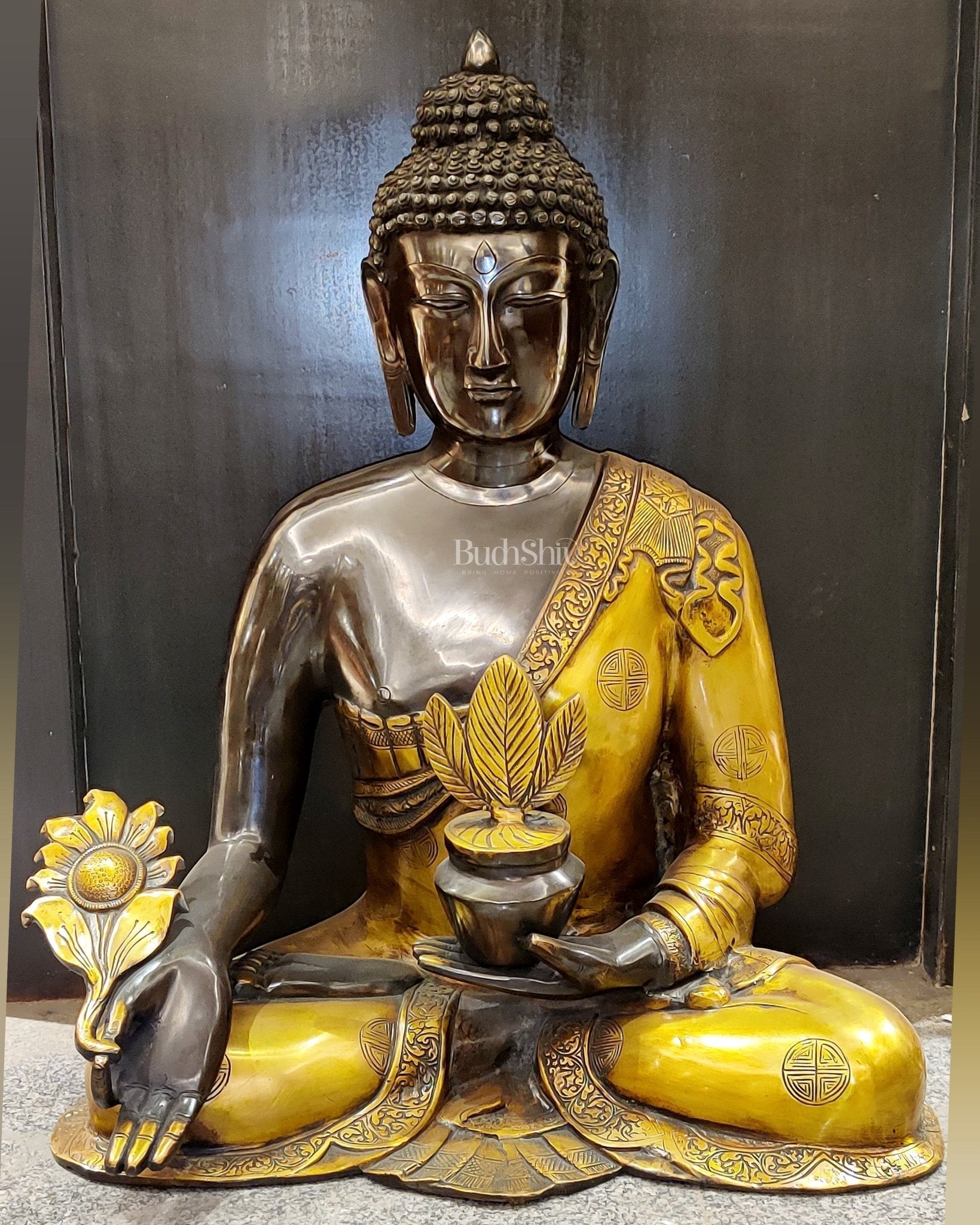 Large Pure Brass Medicine Healing Buddha Statue - 23 inch - Sama Homes Idol - Brass Sculpture - Eco-friendly - Sama Homes