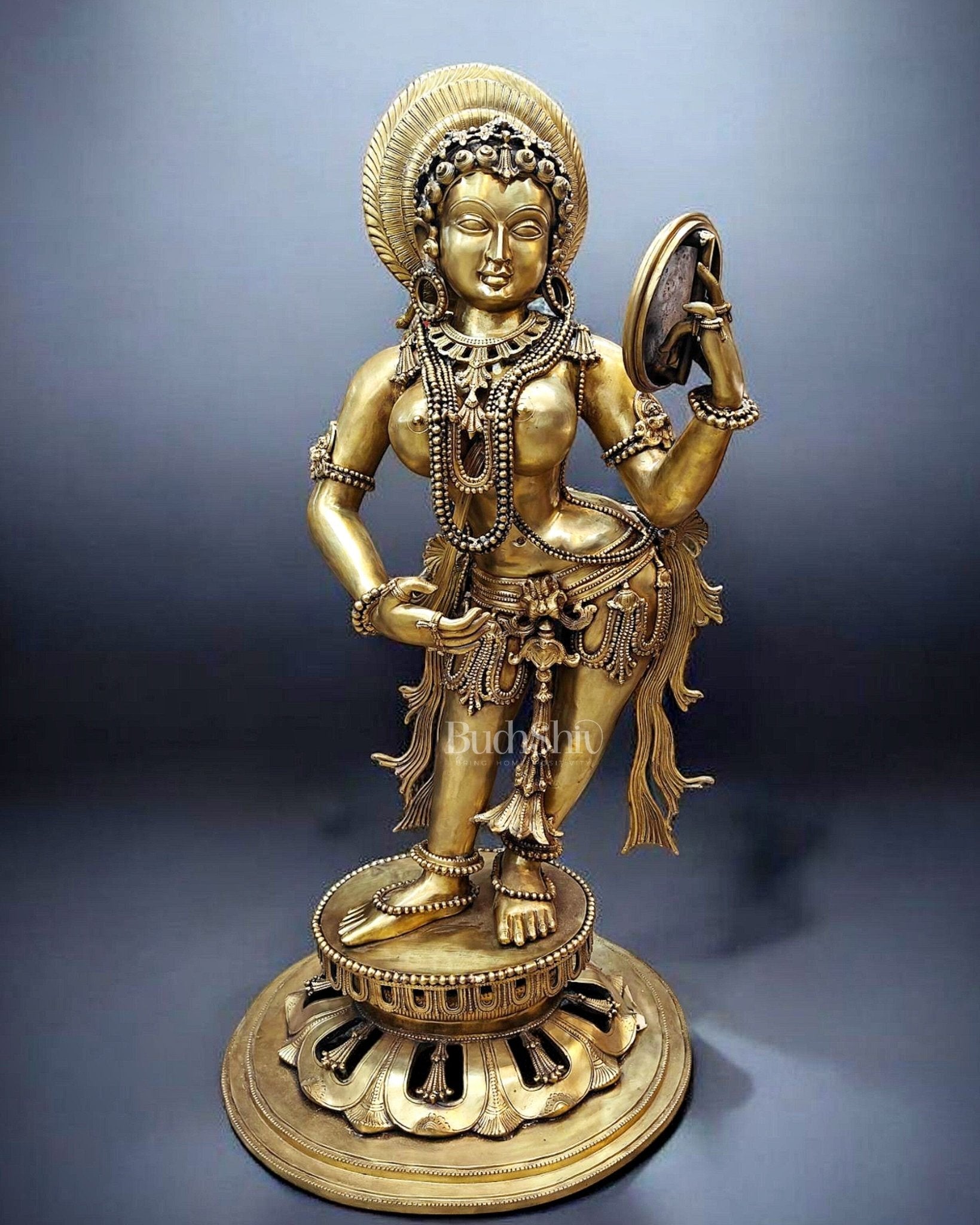Large Pure Bronze Apsara Holding a Mirror Sculpture 54" - Sama Homes Idol - Brass Sculpture - Eco-friendly - Sama Homes