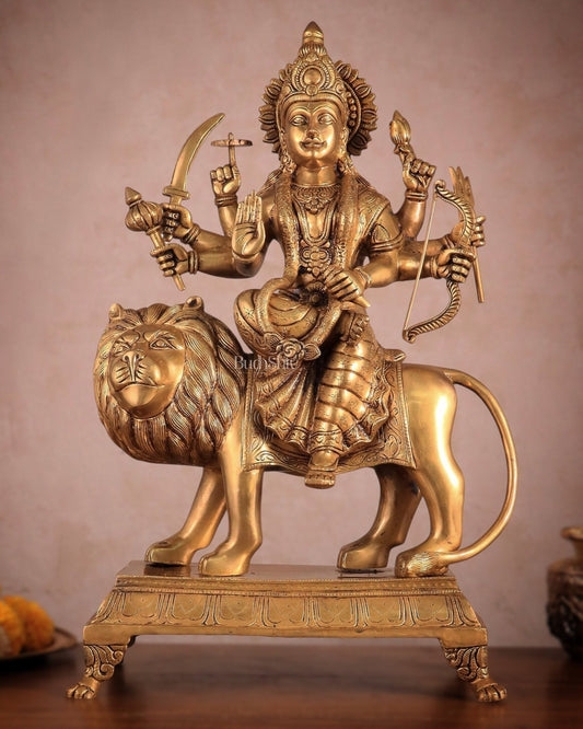 Large Superfine Brass Durga Mata Statue - Antique Golden Tone | Height 21.5 inch - Sama Homes Idol - Brass Sculpture