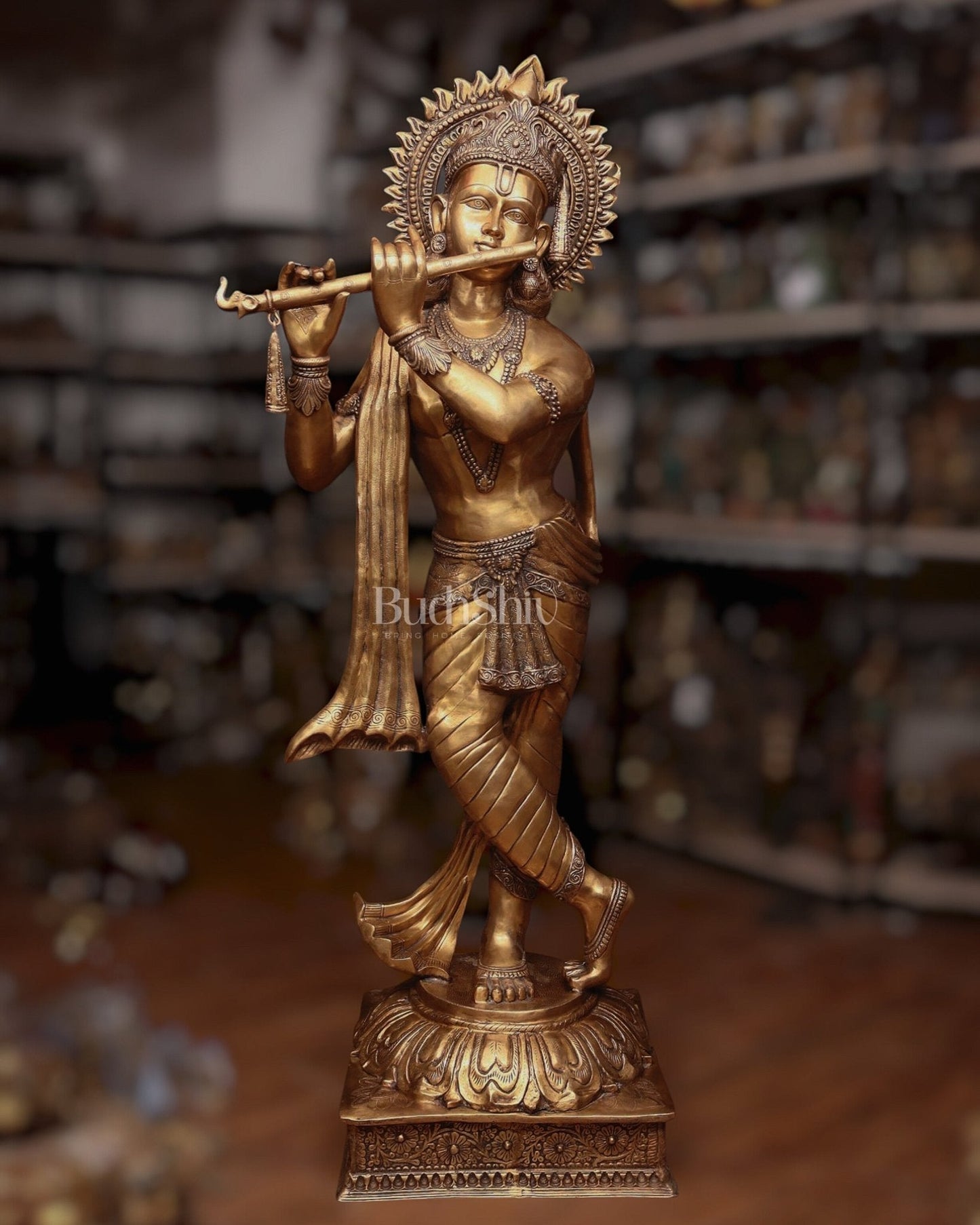 Life-Size Handcrafted Brass Lord Krishna Statue 79 inch - Sama Homes Idol - Brass Sculpture