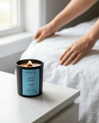 Linen Vanilla Candle | Clean Cotton + Vanilla by Wick of Hope - Full Size Candle (View 6)