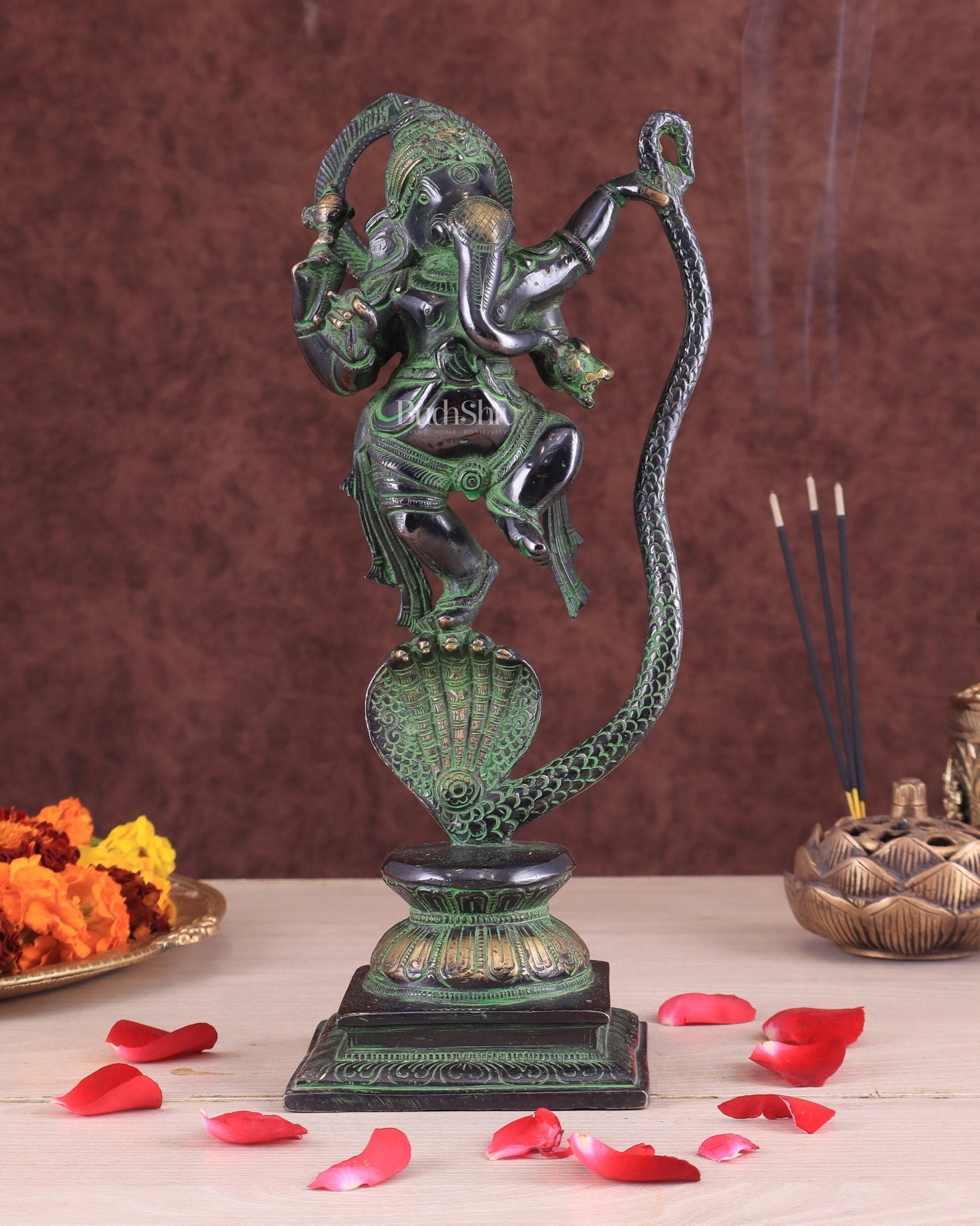 Lord Ganesha Dancing on Snake Brass Statue – Black & Green Antique Finish - Sama Homes Idol - Brass Sculpture - Eco-friendly - Sama Homes