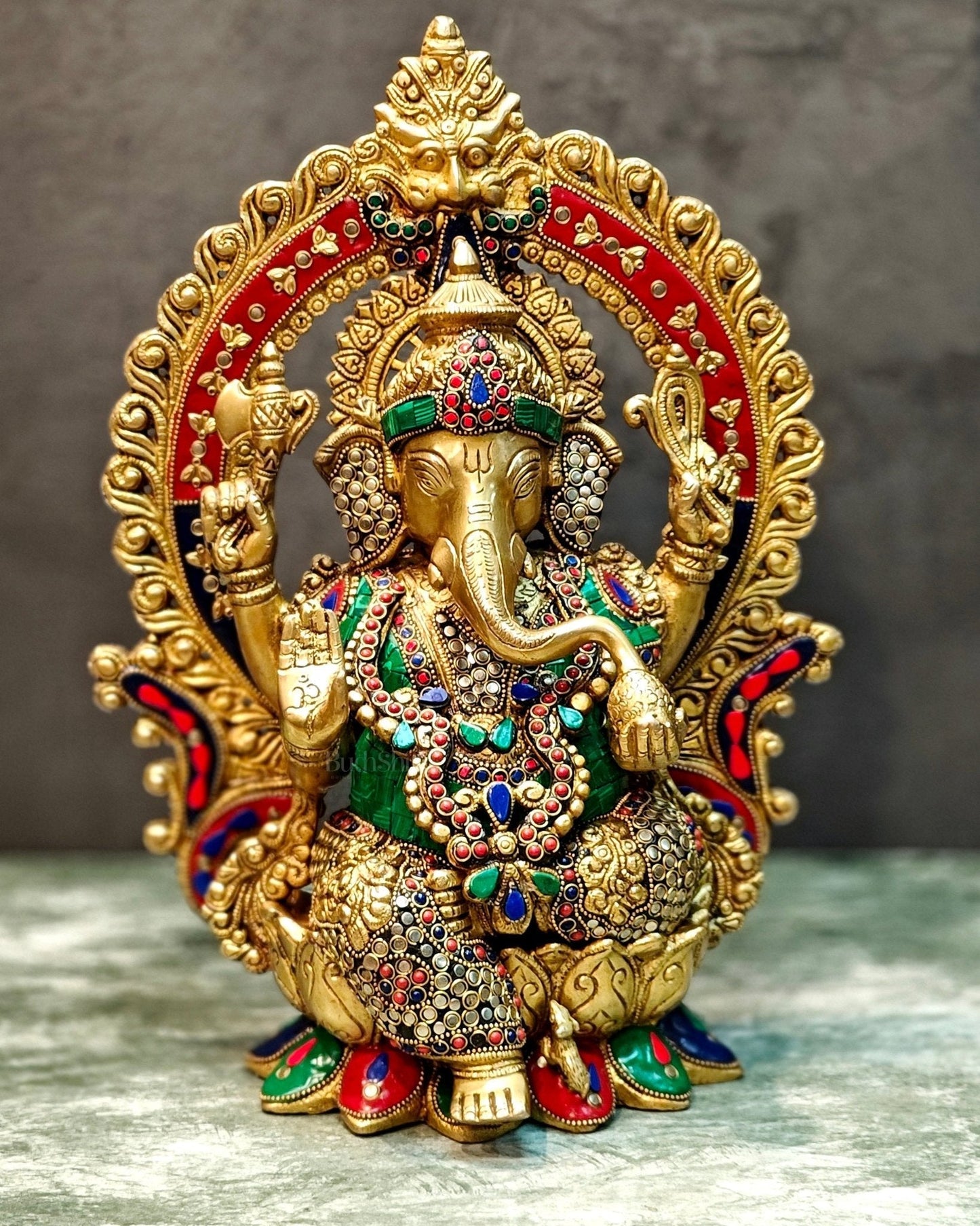 Lord Ganesha Idol with Stonework 15 inch - Sama Homes Idol - Brass Sculpture