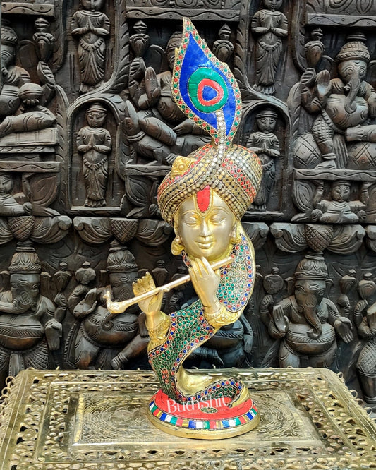 Sama Homes-large 20 inch beautiful krishna brass idol showpiece handcrafted coloured stones playing flute home office temple 1