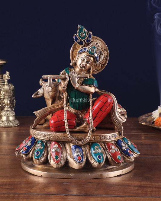 Lord krishna seated with cow brass idol with stonework 7.5 inch stonework - Sama Homes Idol - Brass Sculpture