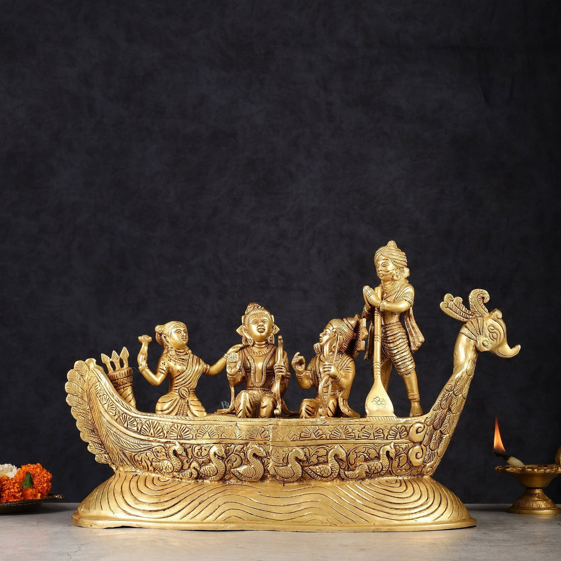 Lord Rama, Sita, and Lakshmana Statue with Kewat on boat brass statue - Sama Homes Idol - Brass Sculpture - Eco-friendly - Sama Homes