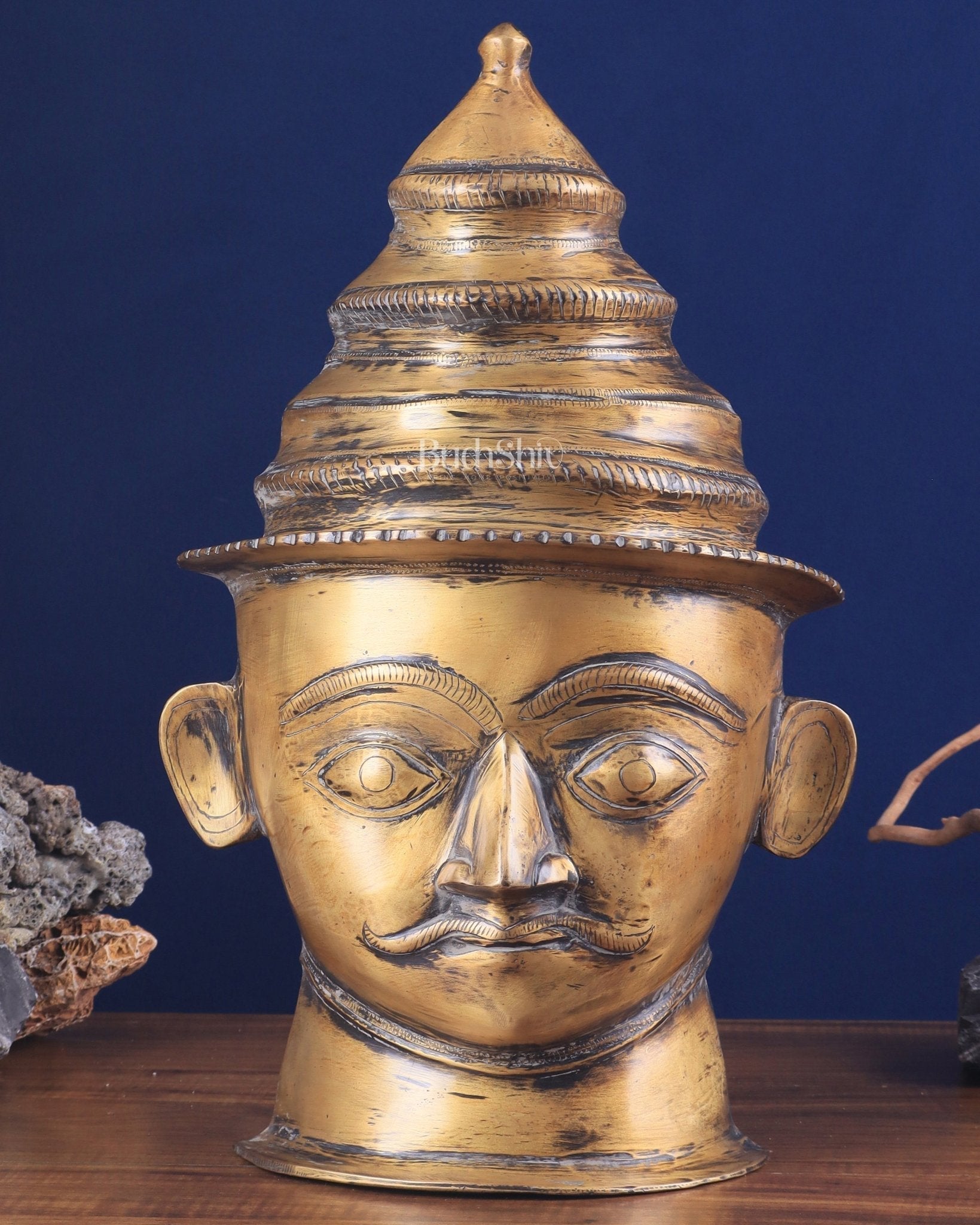Lord Shiva Face Mukhalingam Brass Vintage Tone Sculpture – A Rare Spiritual Masterpiece 18" - Sama Homes Idol - Brass Sculpture - Eco-friendly - Sama Homes