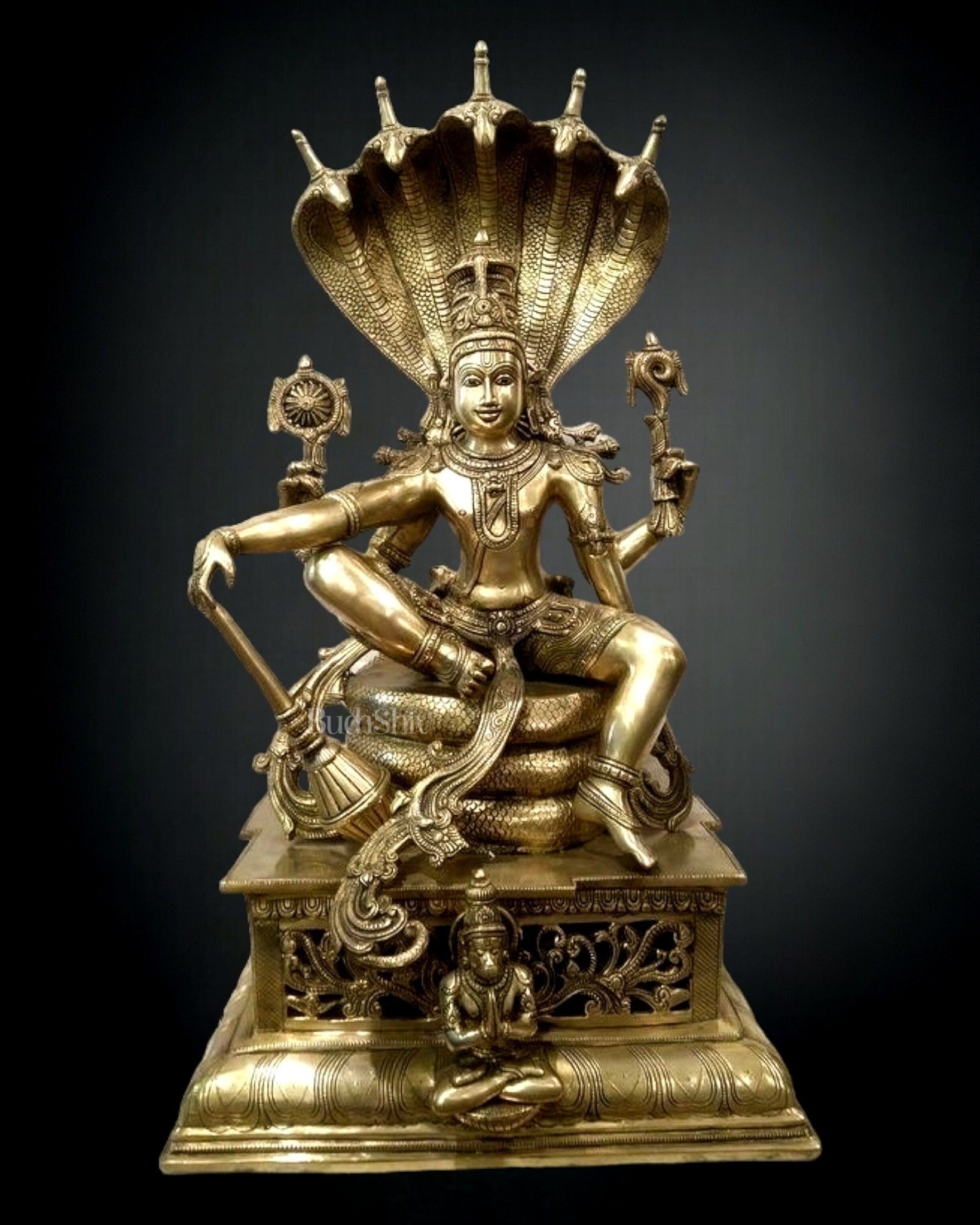 Lord Vishnu seated on sheshanaaga Majestic Brass Statue 30" - Sama Homes Idol - Brass Sculpture - Eco-friendly - Sama Homes